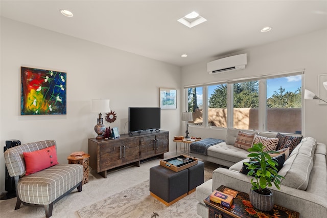 living room featuring a wall mounted air conditioner and carpet flooring