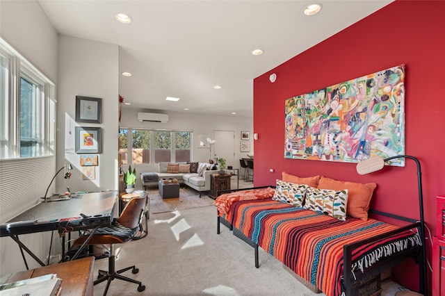 carpeted bedroom featuring a wall mounted air conditioner