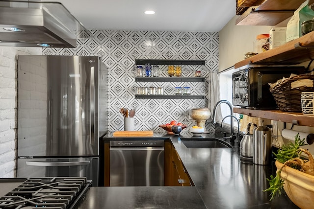 kitchen featuring open shelves, appliances with stainless steel finishes, a sink, and exhaust hood