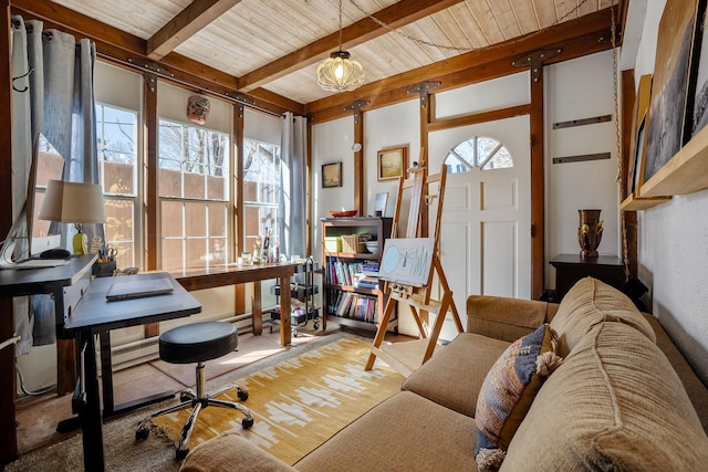 office with wood ceiling, beam ceiling, and wood finished floors