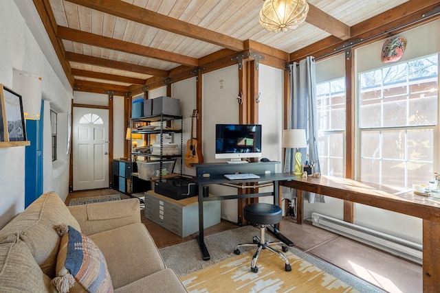 home office featuring wood ceiling, a baseboard heating unit, and beam ceiling