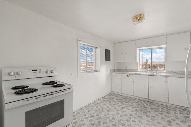 kitchen with white cabinetry, sink, electric range, and electric panel