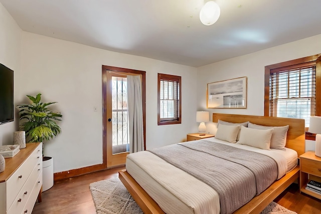 bedroom featuring wood-type flooring, access to exterior, and multiple windows