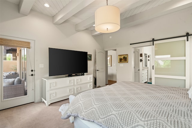 bedroom with wooden ceiling, access to outside, carpet flooring, beamed ceiling, and a barn door