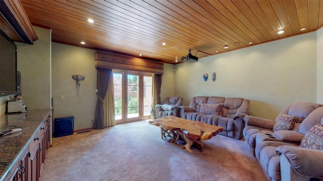 living room with light colored carpet and wood ceiling