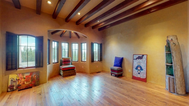 living area featuring light hardwood / wood-style flooring, beamed ceiling, and plenty of natural light