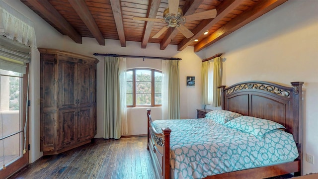 unfurnished bedroom with dark hardwood / wood-style floors, beam ceiling, and wooden ceiling