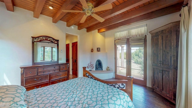 bedroom featuring beamed ceiling, dark hardwood / wood-style flooring, access to outside, and wooden ceiling