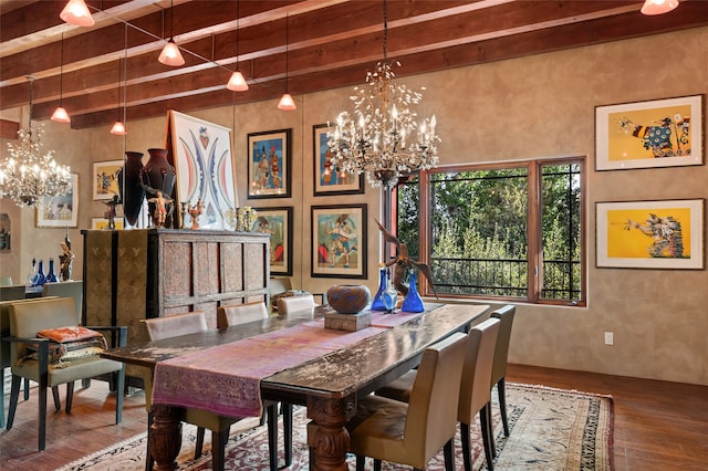 dining room featuring an inviting chandelier, beam ceiling, and hardwood / wood-style flooring