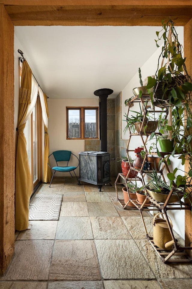 living area with a wood stove