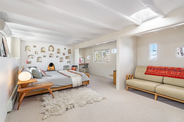 bedroom featuring multiple windows, carpet floors, a baseboard radiator, and beamed ceiling