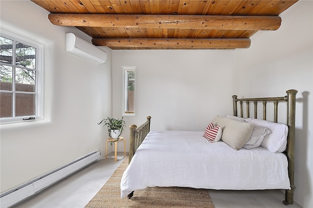 bedroom with beam ceiling, wood ceiling, a baseboard radiator, and a wall mounted AC