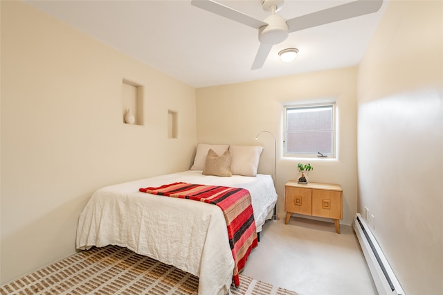 bedroom featuring a baseboard radiator, carpet, and ceiling fan