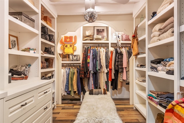 walk in closet with light hardwood / wood-style flooring