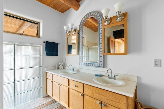 506 Dinkle, Edgewood, NM 87015 - bathroom featuring beamed ceiling, vanity, an enclosed shower, and wood ceiling