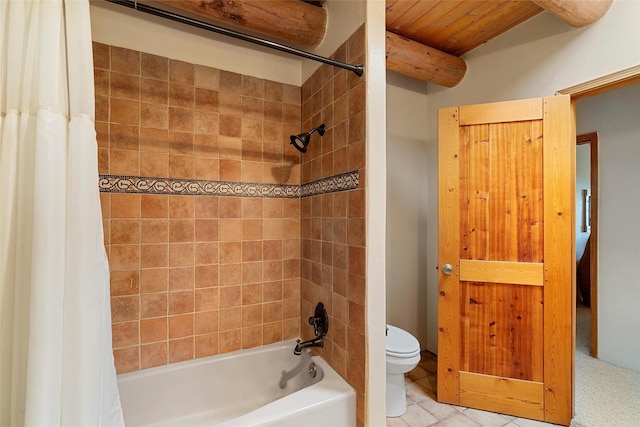 506 Dinkle, Edgewood, NM 87015 - bathroom featuring toilet, shower / tub combo, beam ceiling, and wooden ceiling