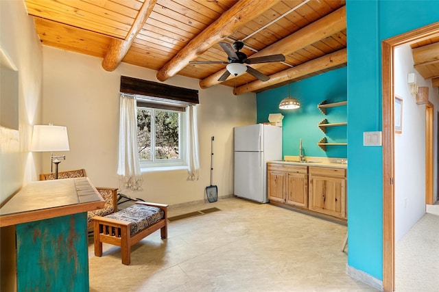 506 Dinkle, Edgewood, NM 87015 - living area with beamed ceiling, ceiling fan, sink, and wooden ceiling