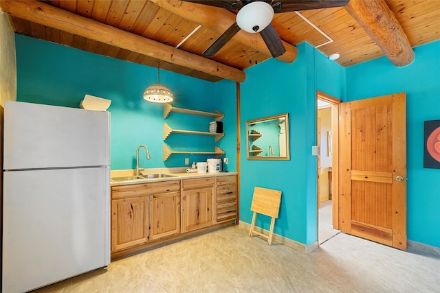 506 Dinkle, Edgewood, NM 87015 - kitchen with beamed ceiling, sink, hanging light fixtures, white fridge, and wood ceiling