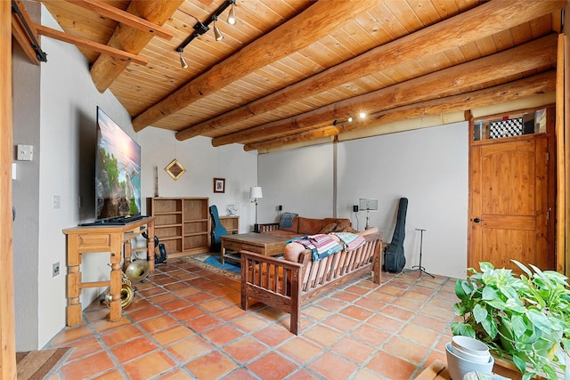 506 Dinkle, Edgewood, NM 87015 - bedroom featuring tile patterned flooring, beam ceiling, track lighting, and wooden ceiling