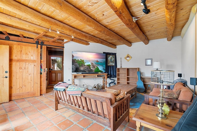 506 Dinkle, Edgewood, NM 87015 - living room featuring beam ceiling, wood ceiling, rail lighting, and a barn door