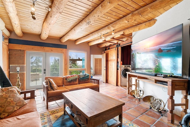 506 Dinkle, Edgewood, NM 87015 - tiled living room with french doors, beam ceiling, washer / dryer, and wooden ceiling