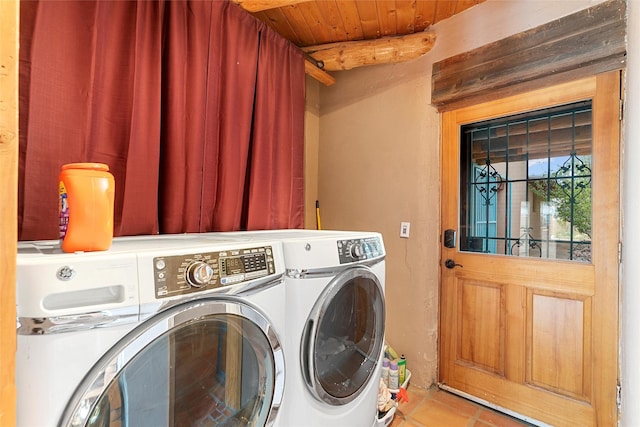 506 Dinkle, Edgewood, NM 87015 - laundry room with light tile patterned floors, washer and clothes dryer, and wooden ceiling