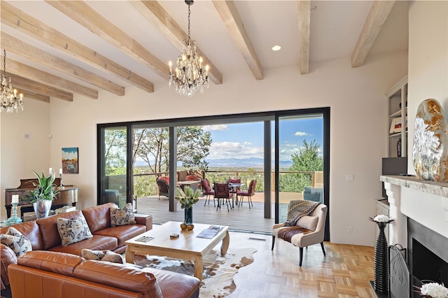 living area featuring a chandelier, a fireplace with flush hearth, recessed lighting, and beam ceiling