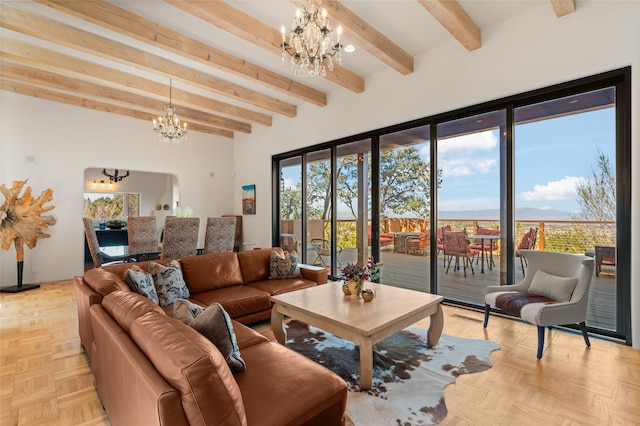 145 Brownell Howland, Santa Fe, NM 87501 - living area featuring a chandelier and beam ceiling