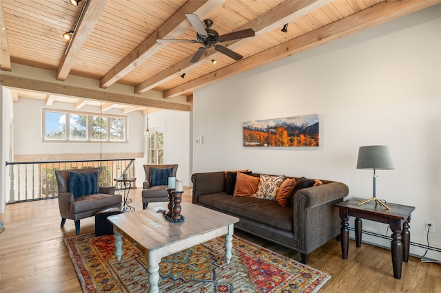 145 Brownell Howland, Santa Fe, NM 87501 - living area featuring wooden ceiling, ceiling fan, wood finished floors, and beamed ceiling