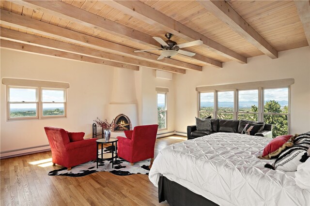 145 Brownell Howland, Santa Fe, NM 87501 - bedroom with beamed ceiling, wood finished floors, wooden ceiling, baseboard heating, and ceiling fan