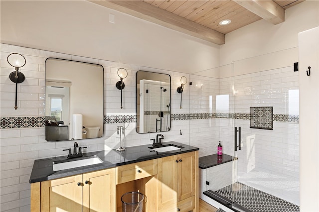 145 Brownell Howland, Santa Fe, NM 87501 - full bath with beam ceiling, wooden ceiling, a shower stall, tile walls, and double vanity