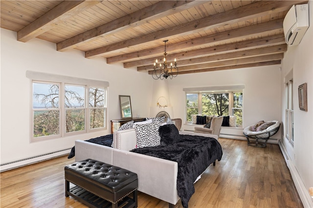 145 Brownell Howland, Santa Fe, NM 87501 - bedroom featuring a wall mounted AC, a baseboard radiator, wooden ceiling, a baseboard heating unit, and wood finished floors