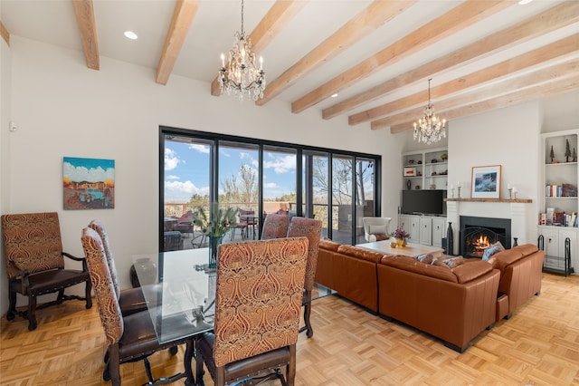 145 Brownell Howland, Santa Fe, NM 87501 - living area with a chandelier, a lit fireplace, recessed lighting, and beam ceiling