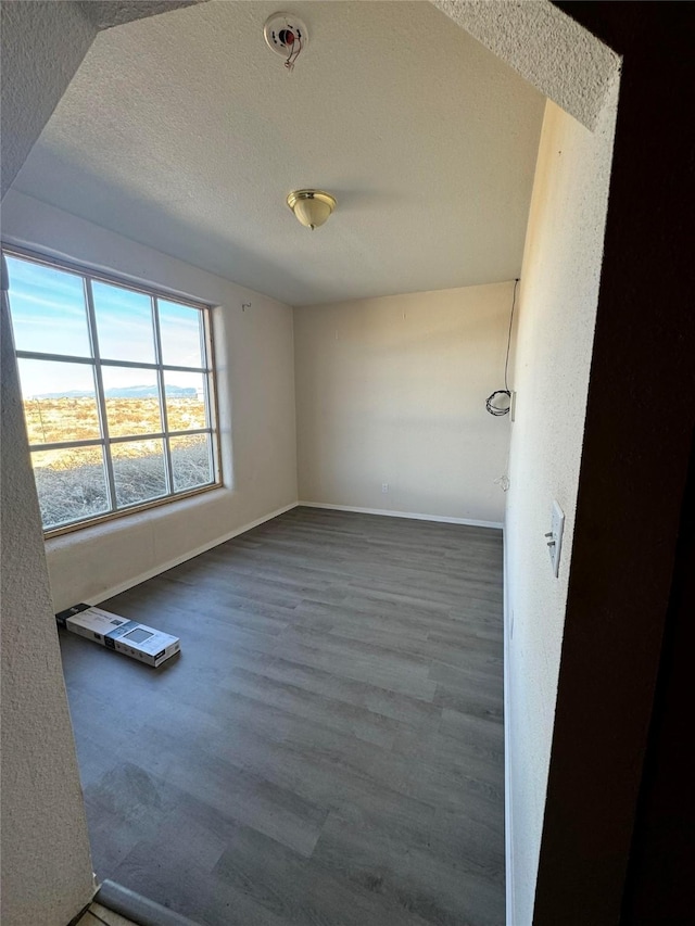 empty room featuring a textured ceiling, baseboards, and wood finished floors