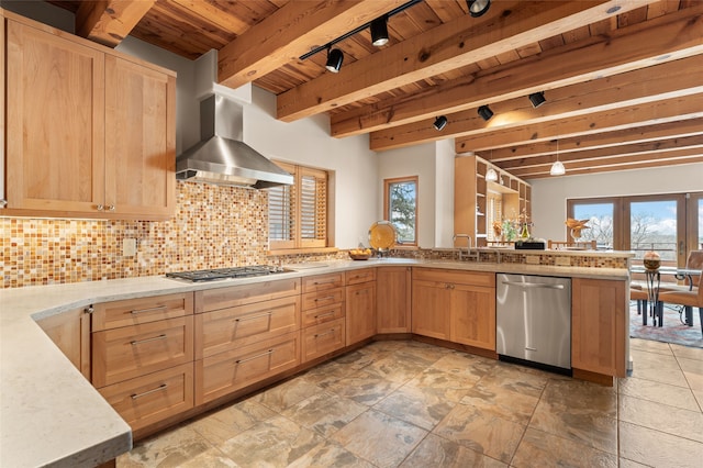 kitchen featuring appliances with stainless steel finishes, exhaust hood, kitchen peninsula, wood ceiling, and tasteful backsplash