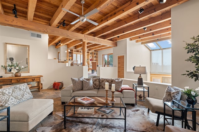 living room featuring ceiling fan, beamed ceiling, and wooden ceiling