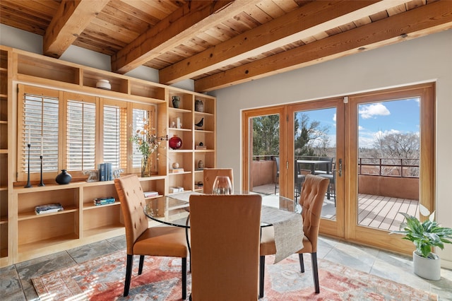 dining area featuring beam ceiling and wood ceiling