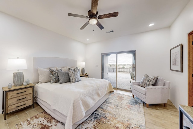 bedroom featuring ceiling fan and access to exterior