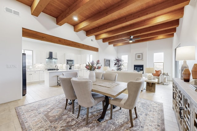 dining room featuring a wealth of natural light, sink, wooden ceiling, and a fireplace