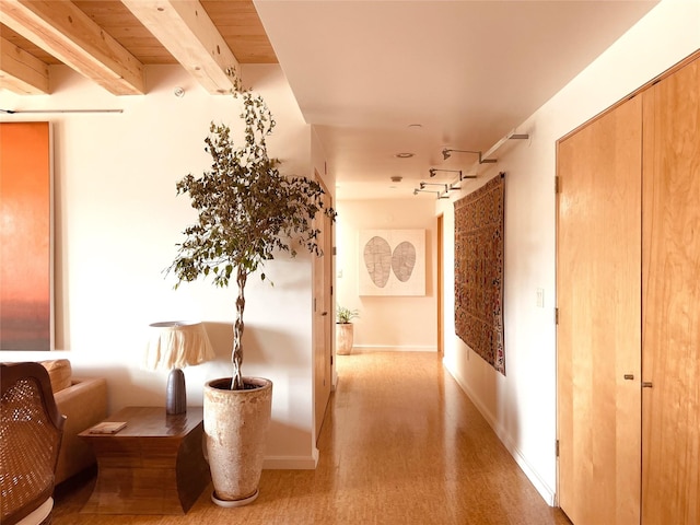 hall featuring track lighting, light hardwood / wood-style floors, and beam ceiling