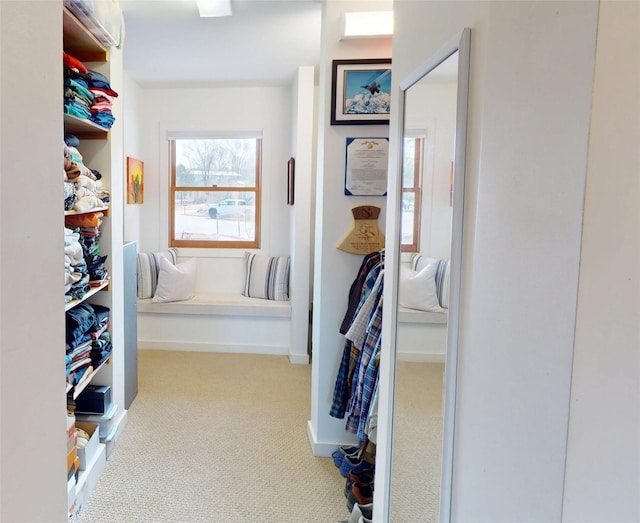 hallway featuring light carpet