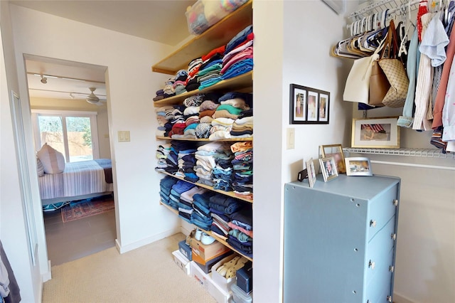 walk in closet with light colored carpet and ceiling fan