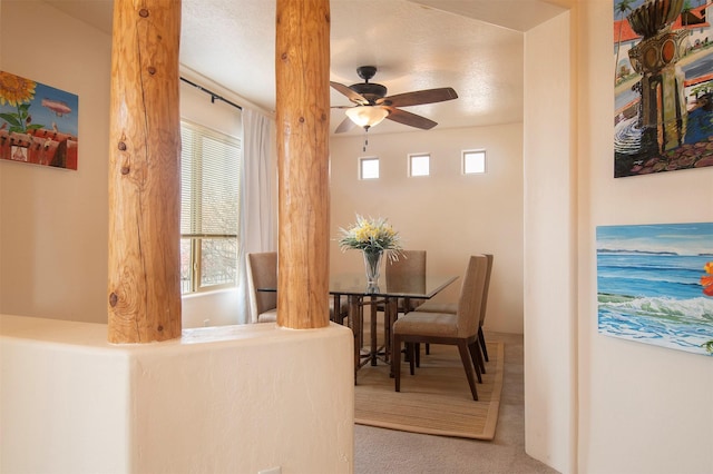 dining room with ceiling fan and carpet flooring