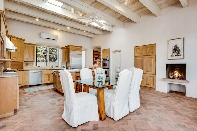 dining room featuring arched walkways, wood ceiling, ceiling fan, brick floor, and a wall mounted AC