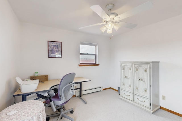 carpeted office with ceiling fan, baseboard heating, and baseboards