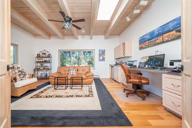 office space with light wood-style flooring, baseboard heating, built in study area, wooden ceiling, and beamed ceiling