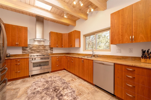 kitchen with wood ceiling, white dishwasher, ventilation hood, high end stove, and a sink