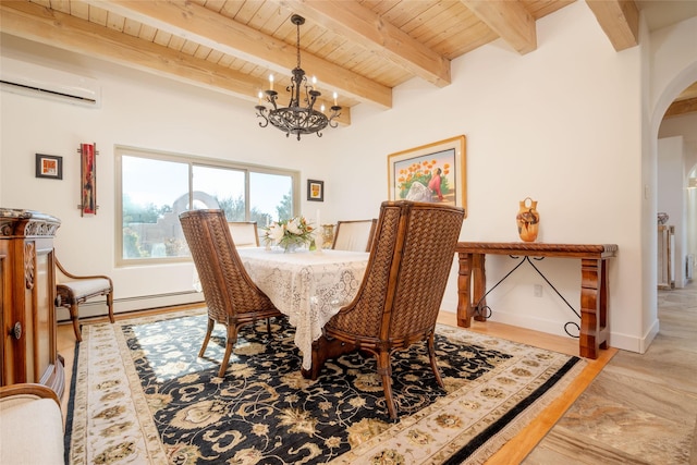 dining room with arched walkways, wood ceiling, a baseboard radiator, a chandelier, and a wall mounted AC