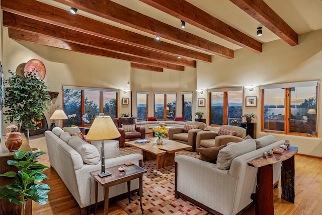 living room featuring beamed ceiling and light wood-type flooring