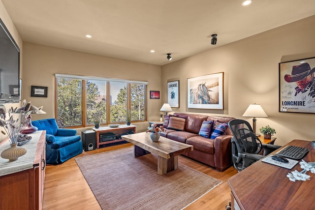 972 Indian Ridge Rd, Santa Fe, NM 87501 - living room with light wood finished floors and recessed lighting